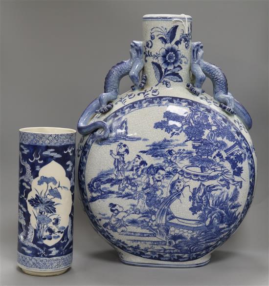 A Chinese blue and white moon flask and a 19th century sleeve vase Tallest piece is 46cm